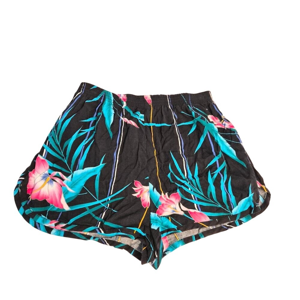 Vintage Young Concepts Tropical Floral Shorts Black Rayon High Waist Large USA